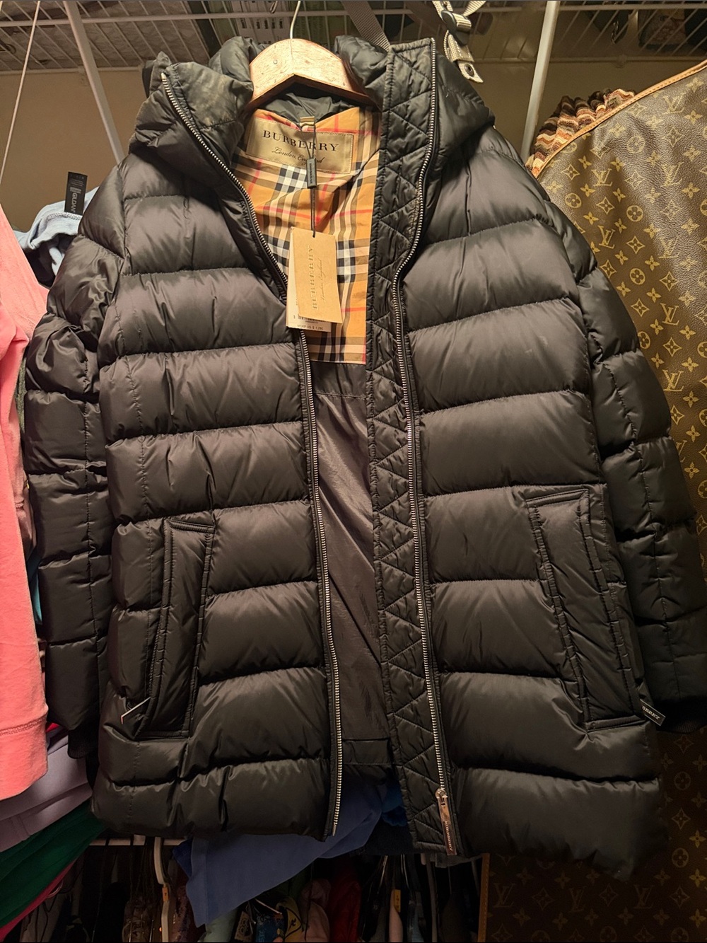 Burberry Black Quilted Hooded Down Jacket with Signature Check Trim